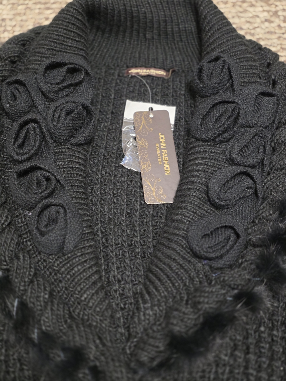 🖤🥀✨ Black Chunky Knit Cottagecore Cardigan Sweater Rosette Collar Faux Fur - Picture 6 of 12
